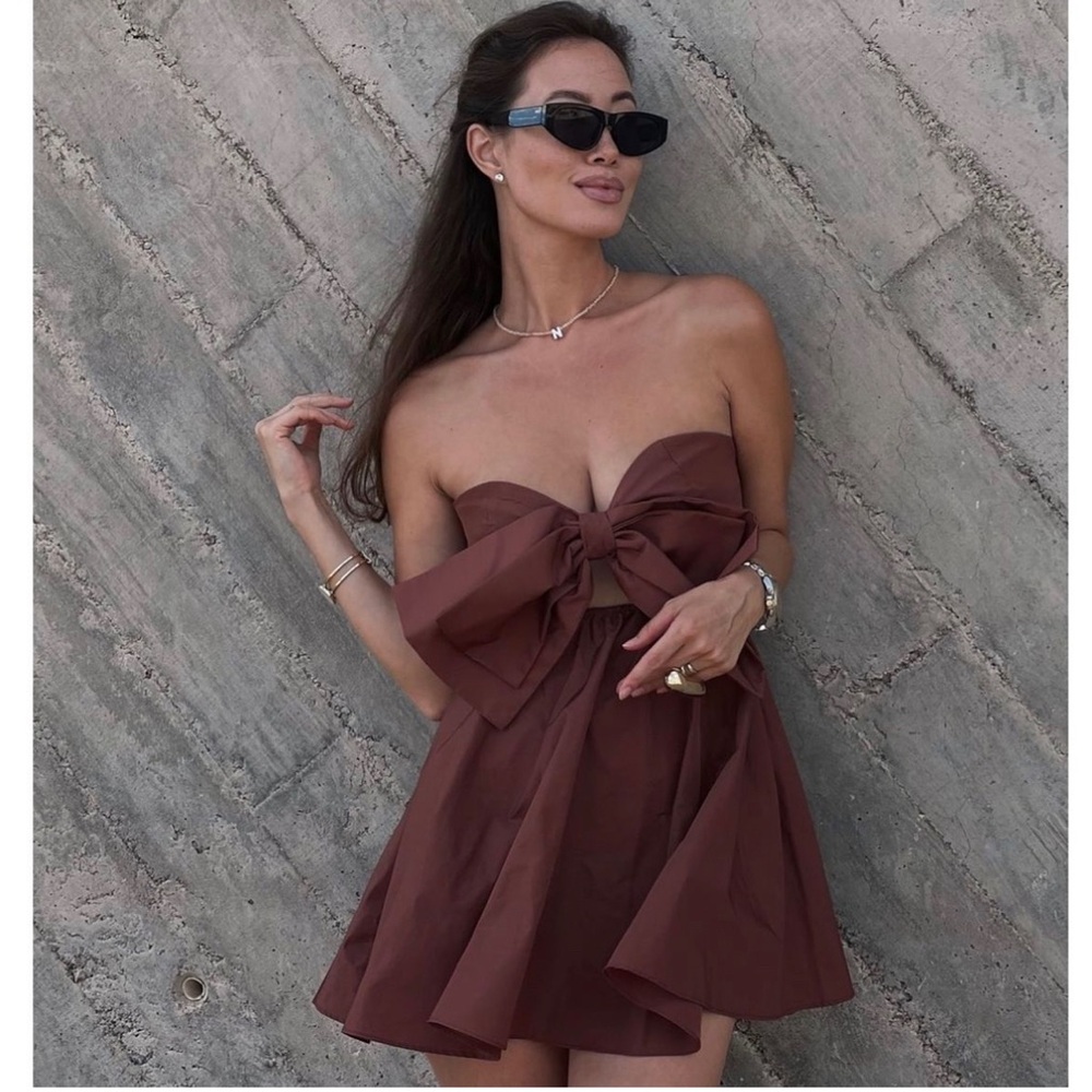 ZARA NEW WOMAN OFF-SHOULDER CUT-OUT TAFFETA DRESS WITH BOW CLAY REF: 3600/288